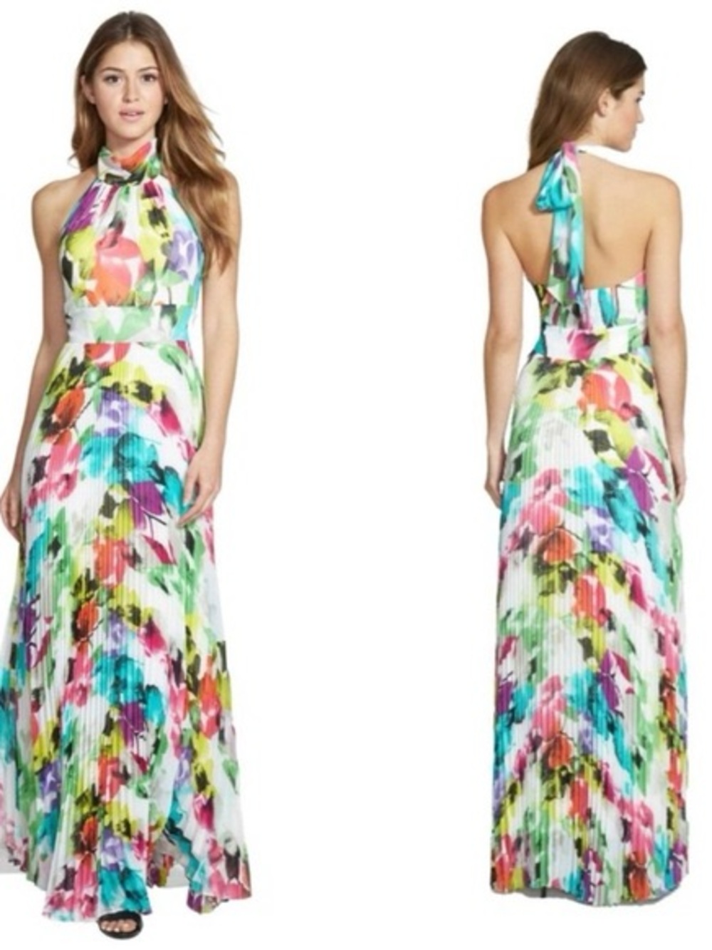 Eliza J Multicolor Floral Pleated Halter Maxi Dress